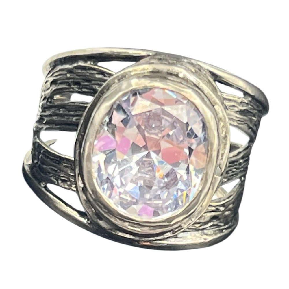 Jean Rachel designer sterling silver textured wide band ring oval clear CZ sz 7